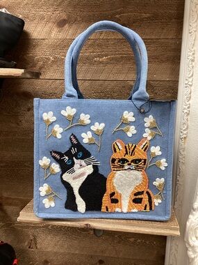 America & Beyond Beaded Cat Denim Tote Bag | Embroidered Floral | Crossbody